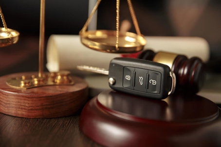 car keys, a scale, and a gavel